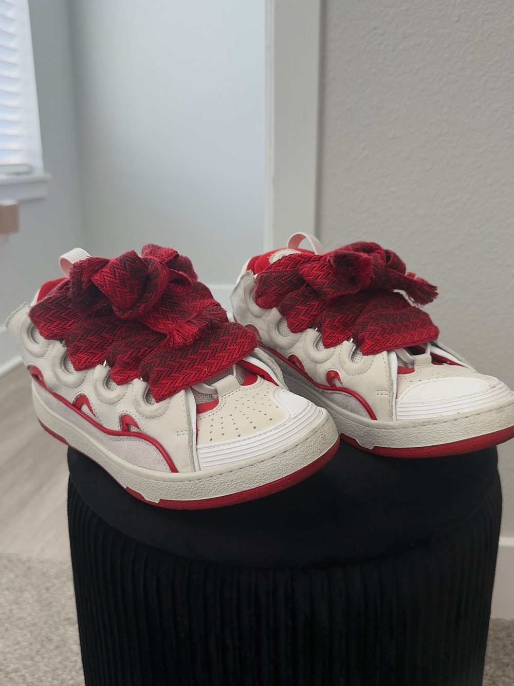 Lanvin White and Red Curb Sneakers with Oversized Knit Laces
